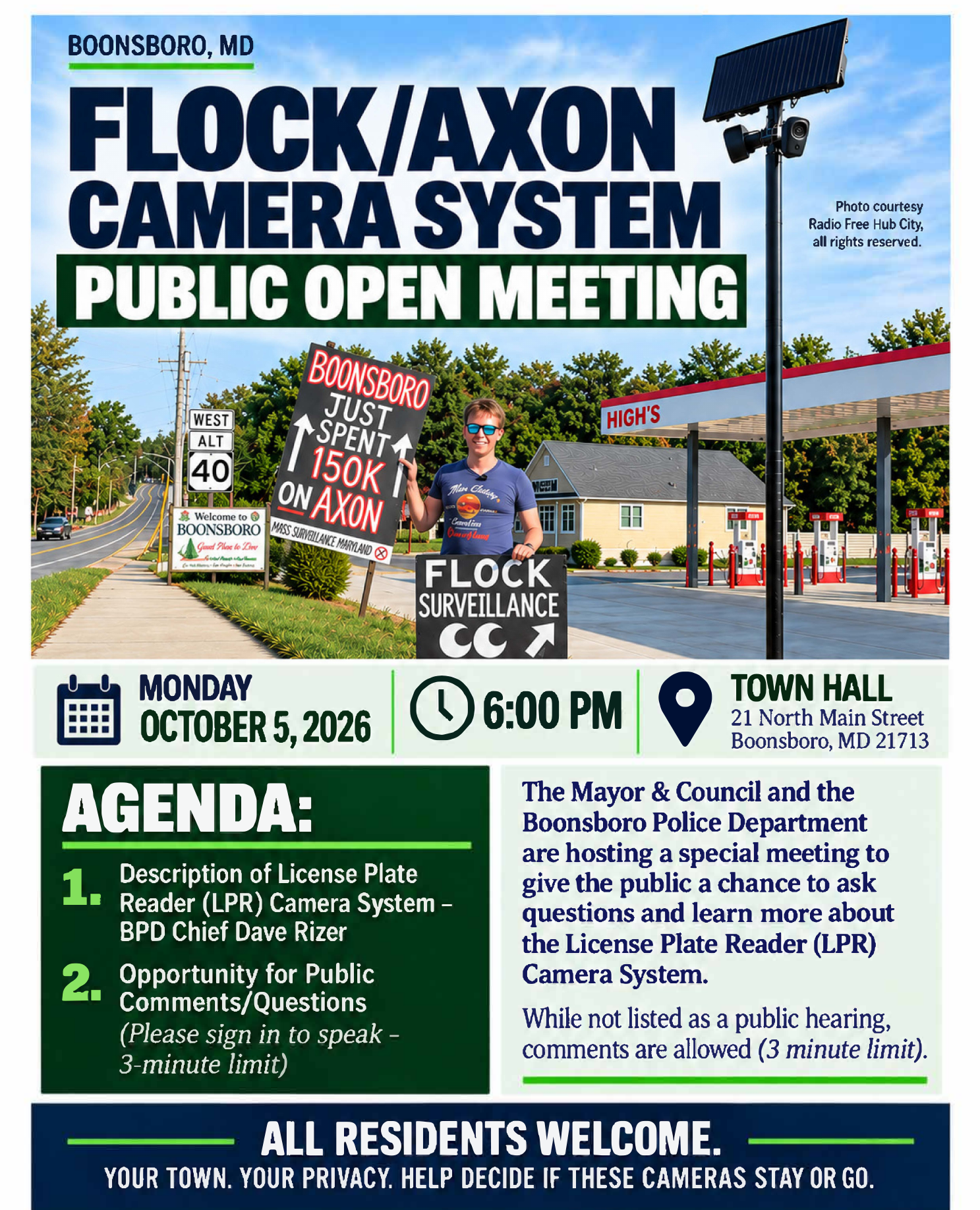 October 5, 2026 Boonsboro FLOCK/AXON camera system public meeting flyer